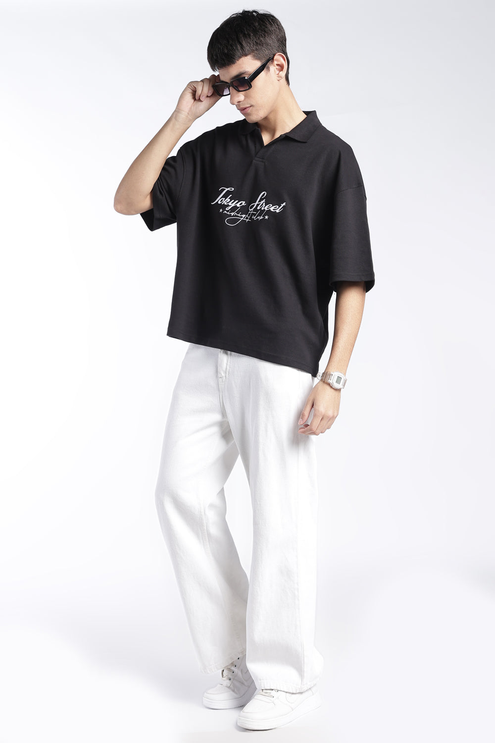 Mens Black Drop Shoulder Embroidery T-Shirt - Image 6