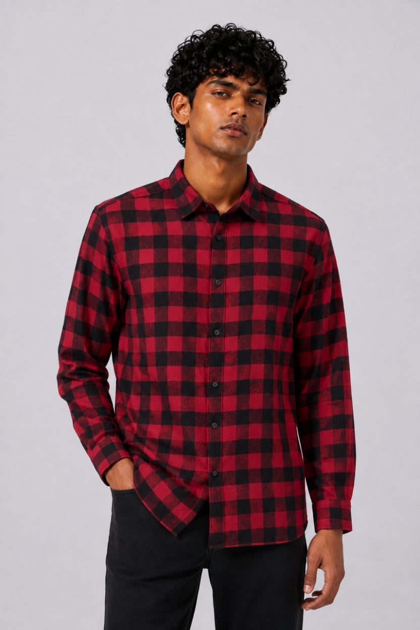 Mens Red and Black Checked Casual Shirt - Image 2