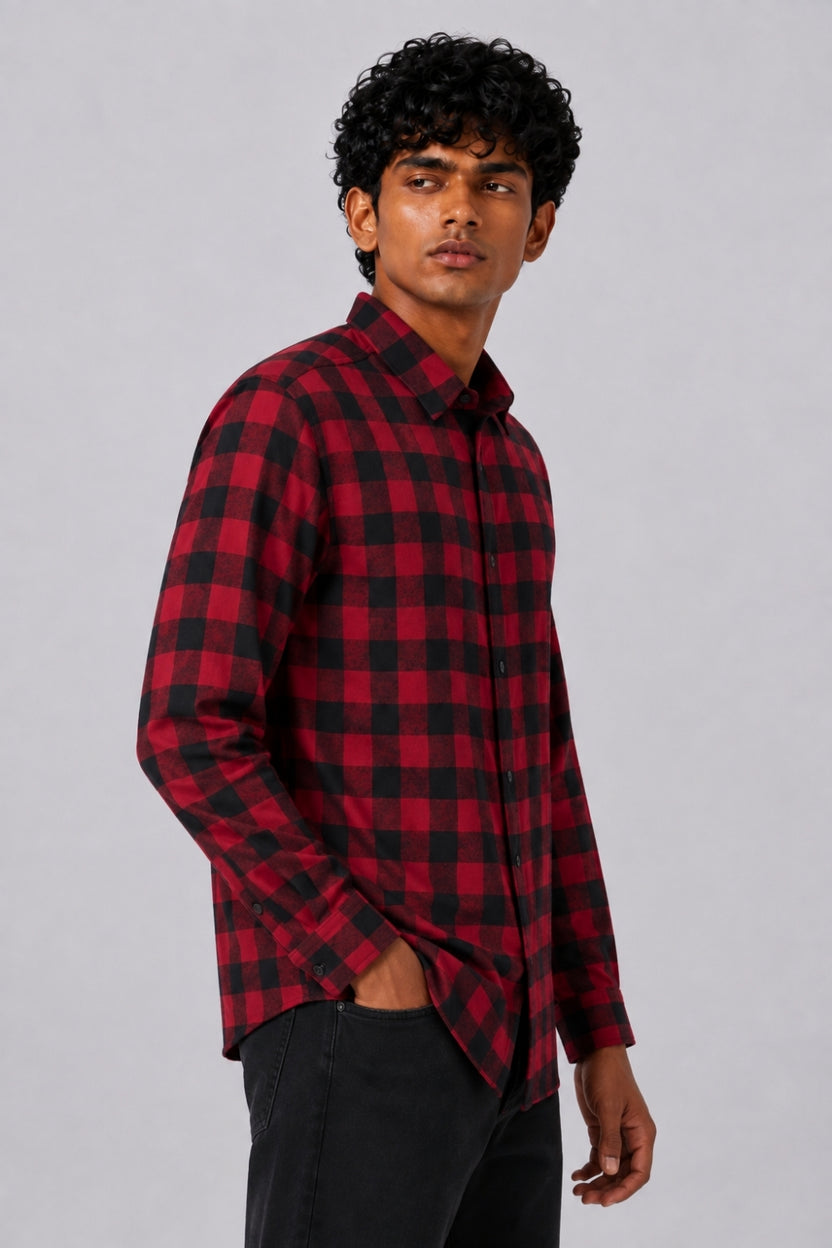 Mens Red and Black Checked Casual Shirt - Image 4