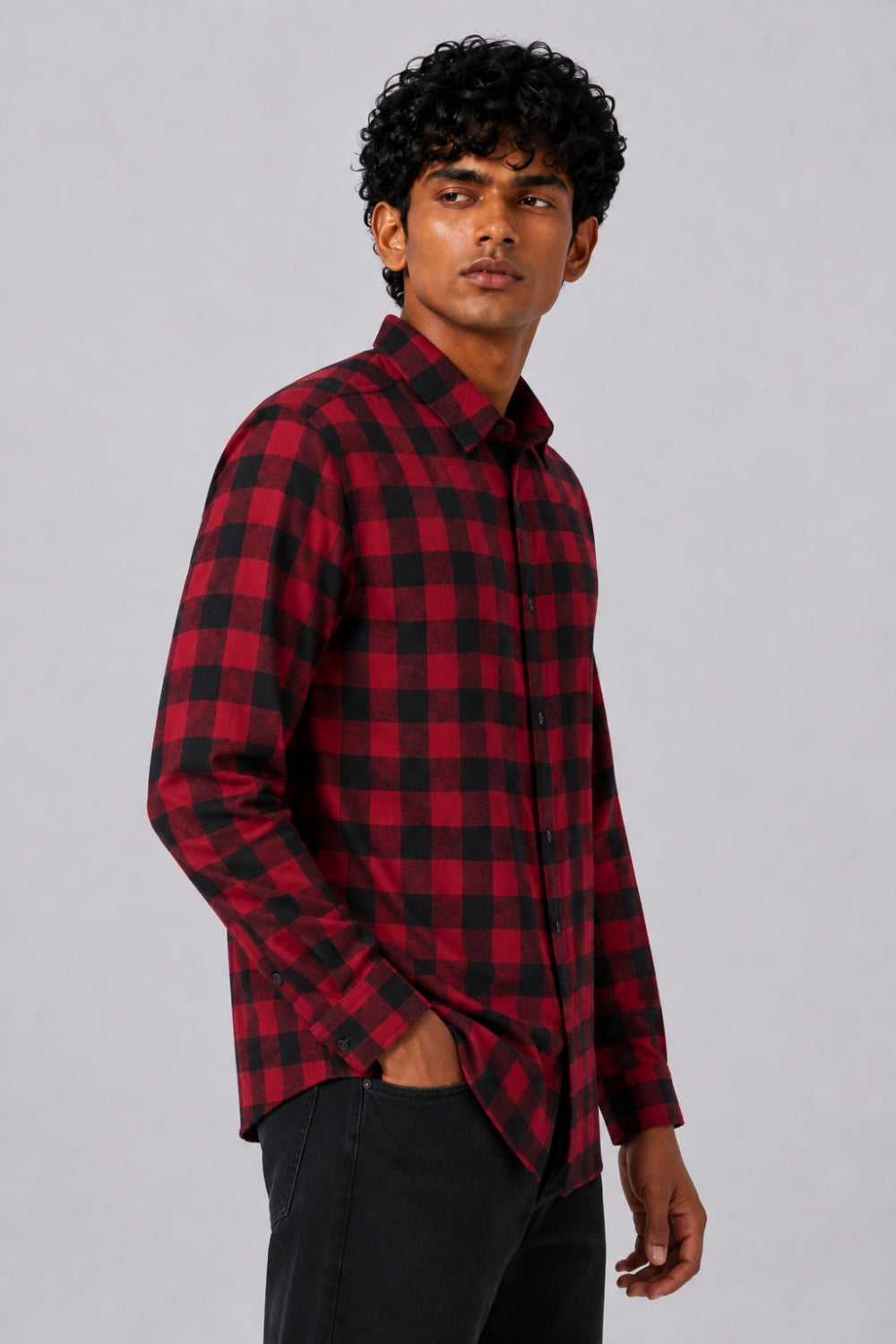 Mens Red and Black Checked Casual Shirt - Image 4