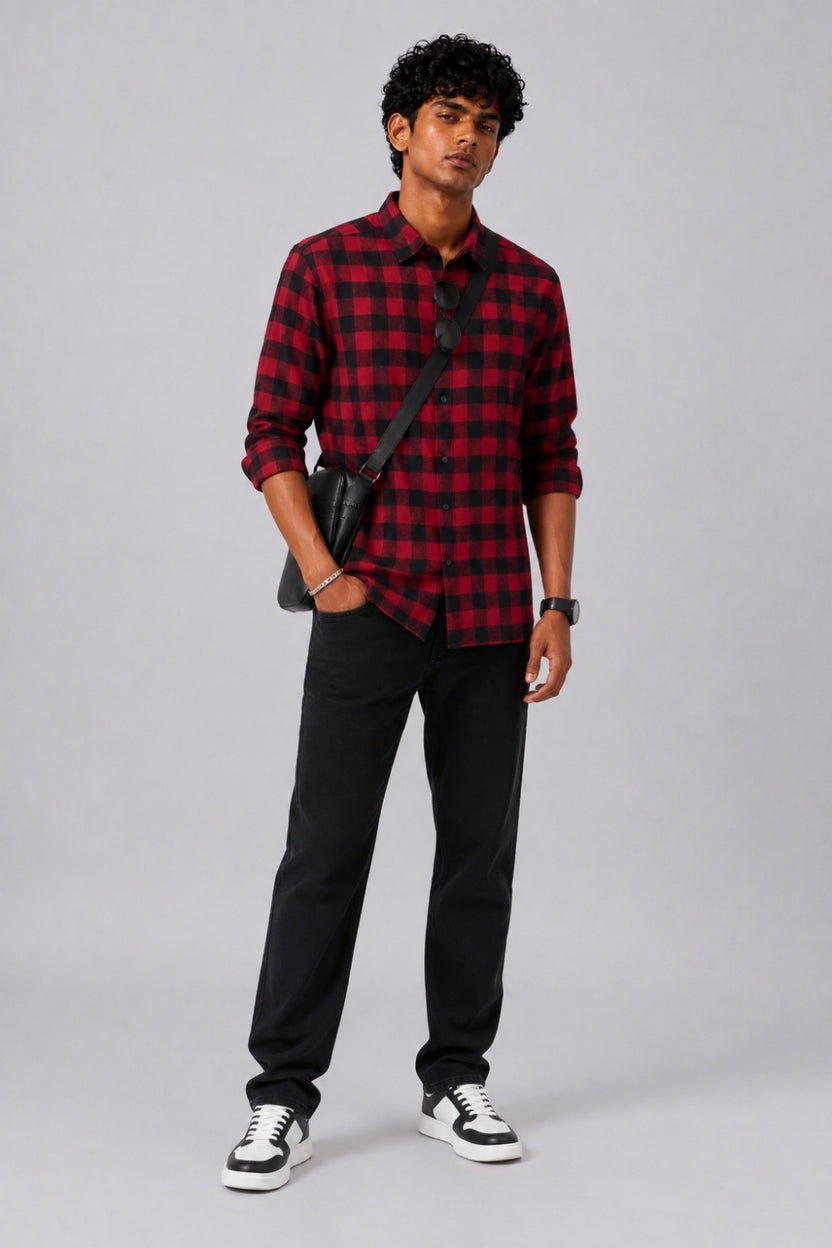 Mens Red and Black Checked Casual Shirt - Image 6