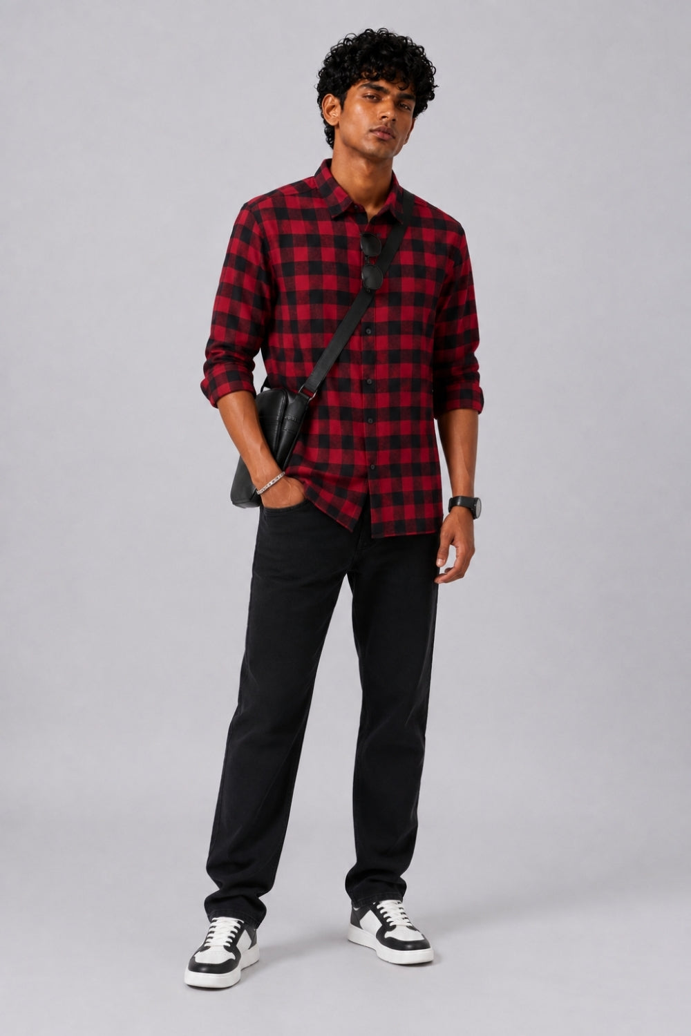 Mens Red and Black Checked Casual Shirt - Image 6