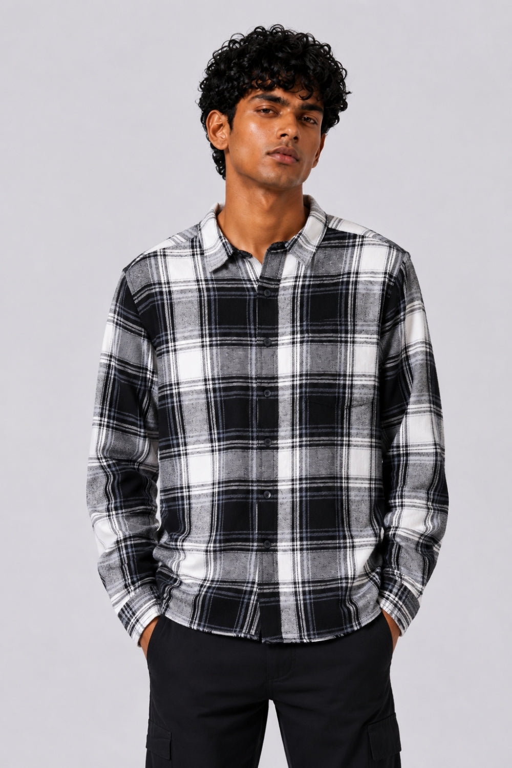 Mens Black and White Checked Casual Shirt - Image 2