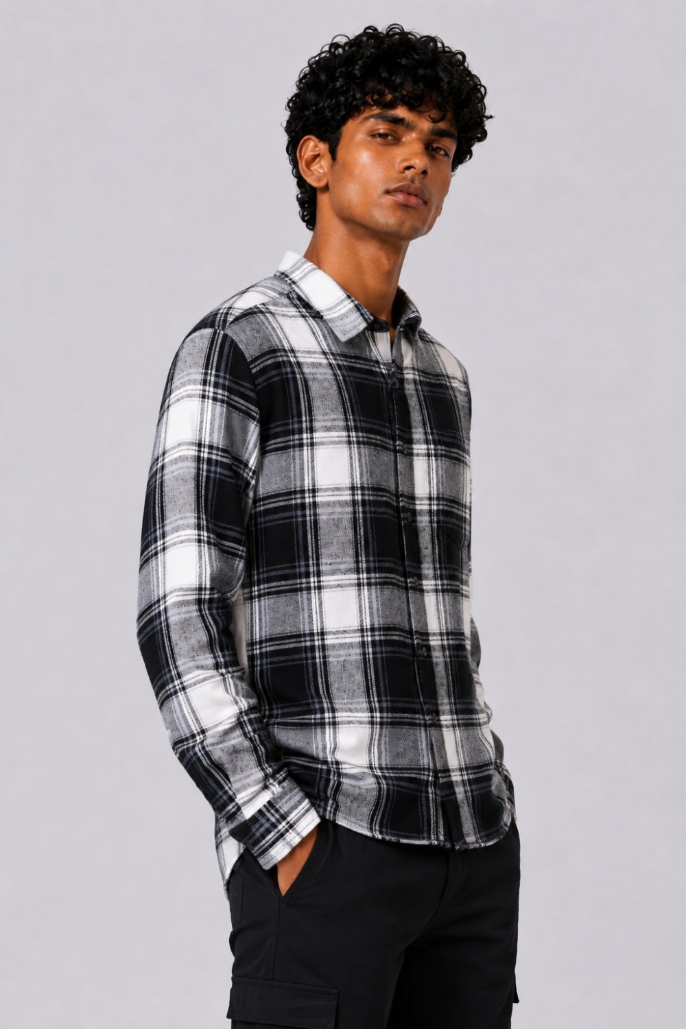 Mens Black and White Checked Casual Shirt - Image 4