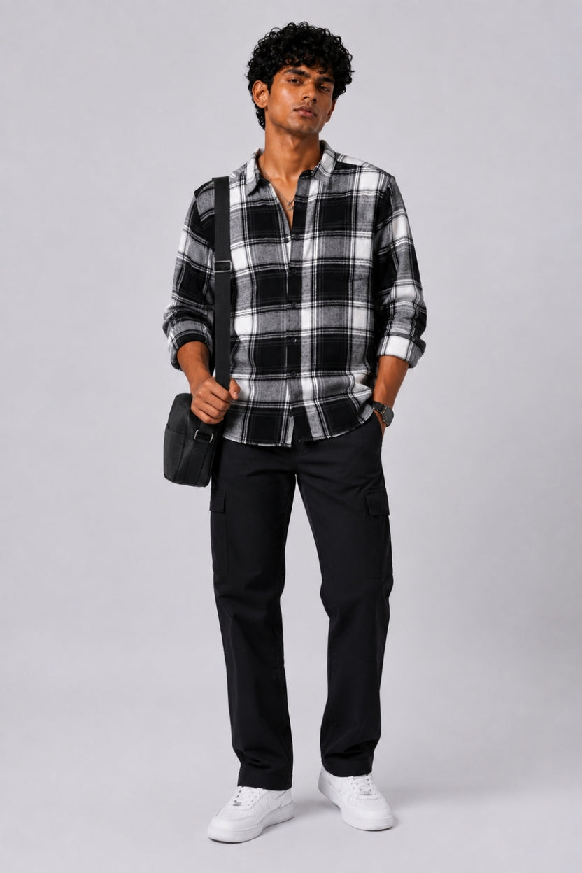 Mens Black and White Checked Casual Shirt - Image 6