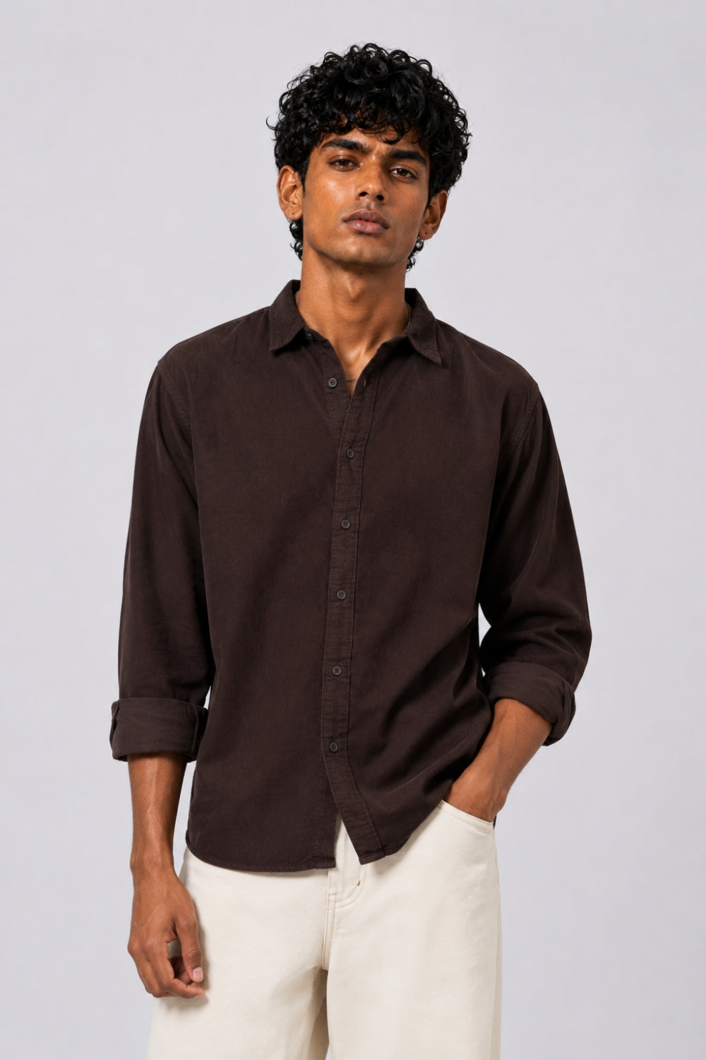 Mens Brown Solid Casual Shirt - Image 2