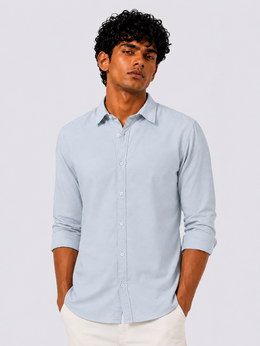 Mens Light Blue Solid Casual Shirt - Image 2