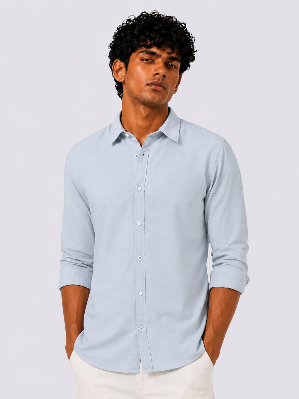 Mens Light Blue Solid Casual Shirt - Image 2