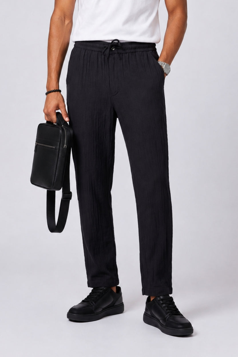 Mens Black Textured Drawstring Trouser - Image 1