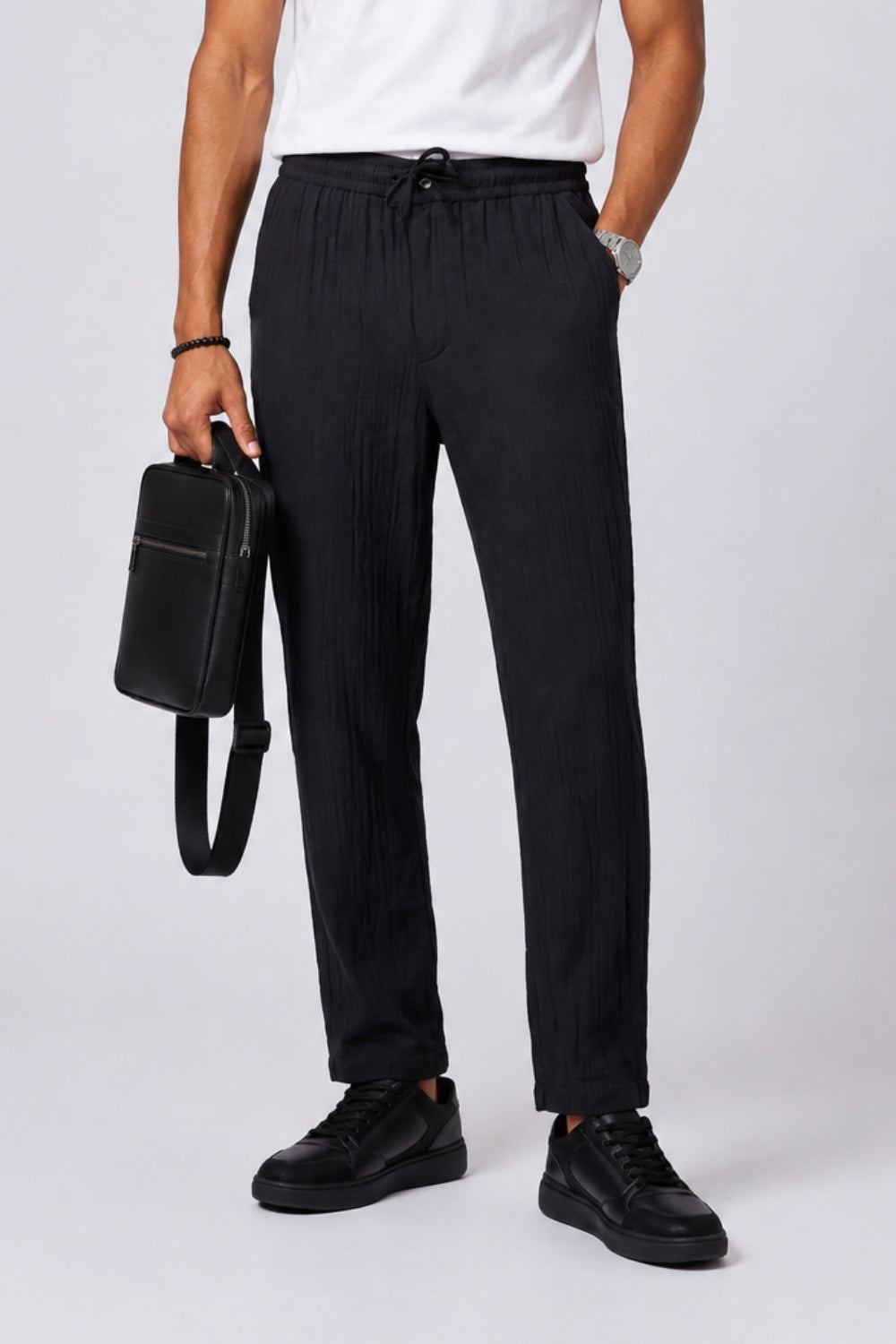 Mens Black Textured Drawstring Trouser - Image 1