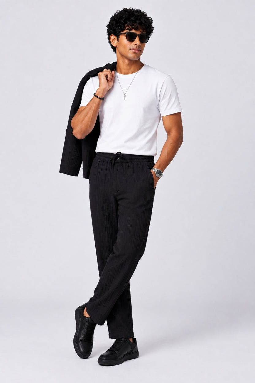 Mens Black Textured Drawstring Trouser - Image 6