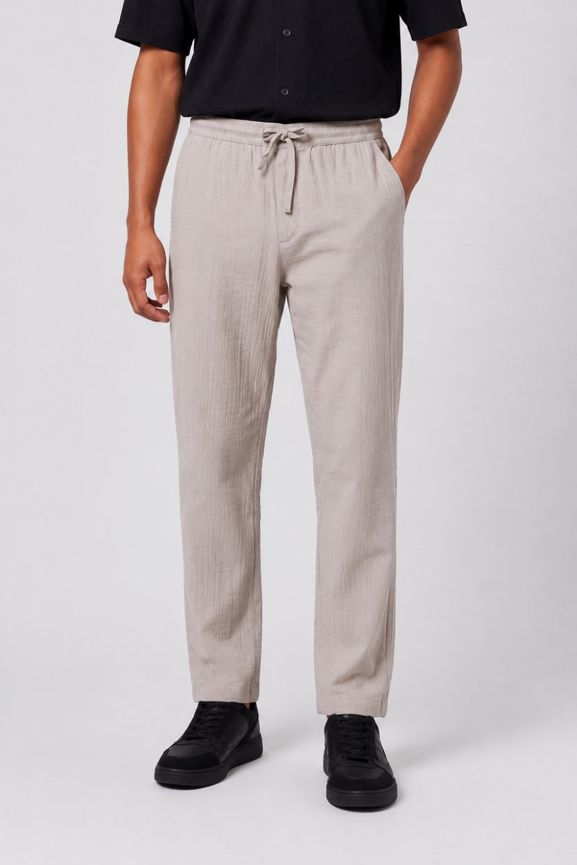 Mens Cream Textured Drawstring Trouser - Image 2