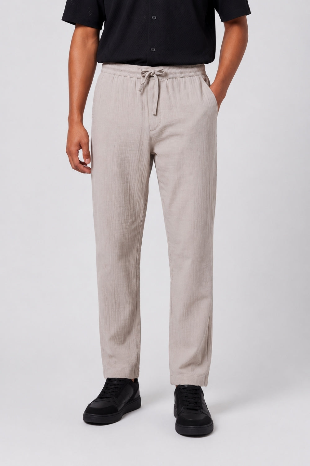 Mens Cream Textured Drawstring Trouser - Image 2