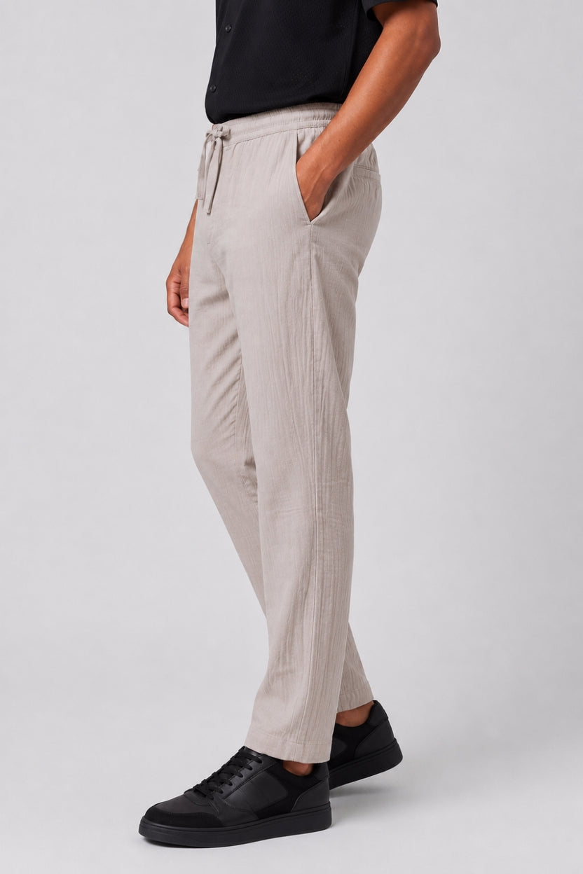 Mens Cream Textured Drawstring Trouser - Image 4