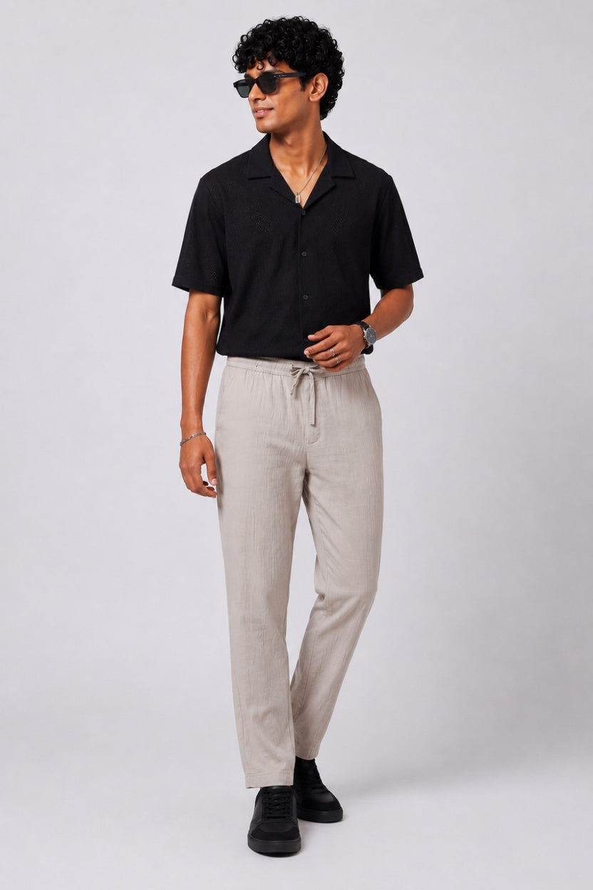 Mens Cream Textured Drawstring Trouser - Image 6
