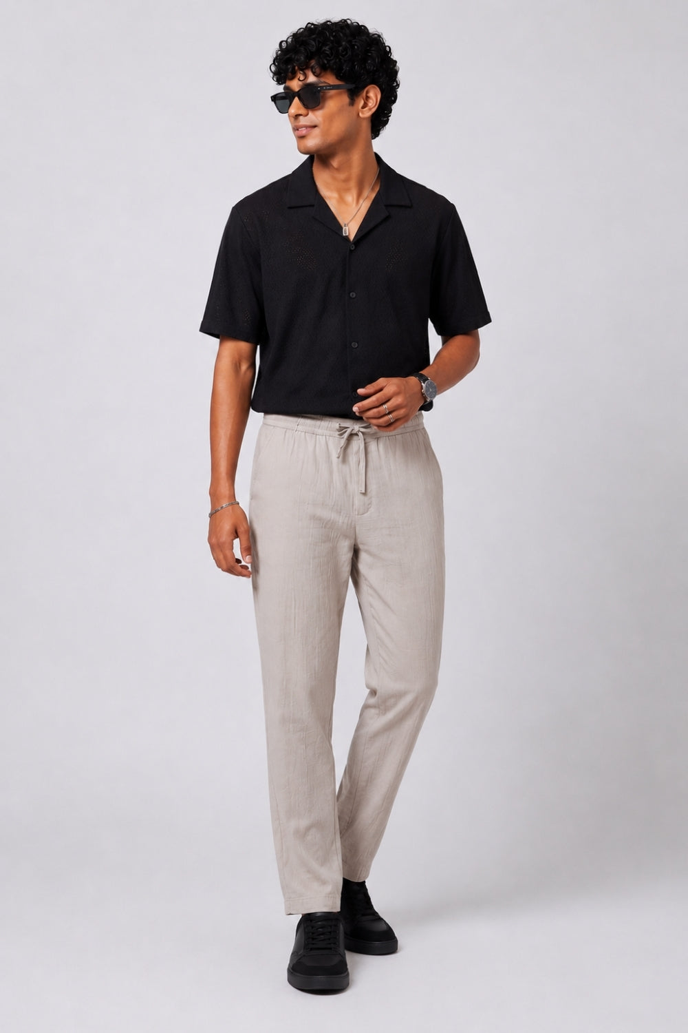 Mens Cream Textured Drawstring Trouser - Image 6