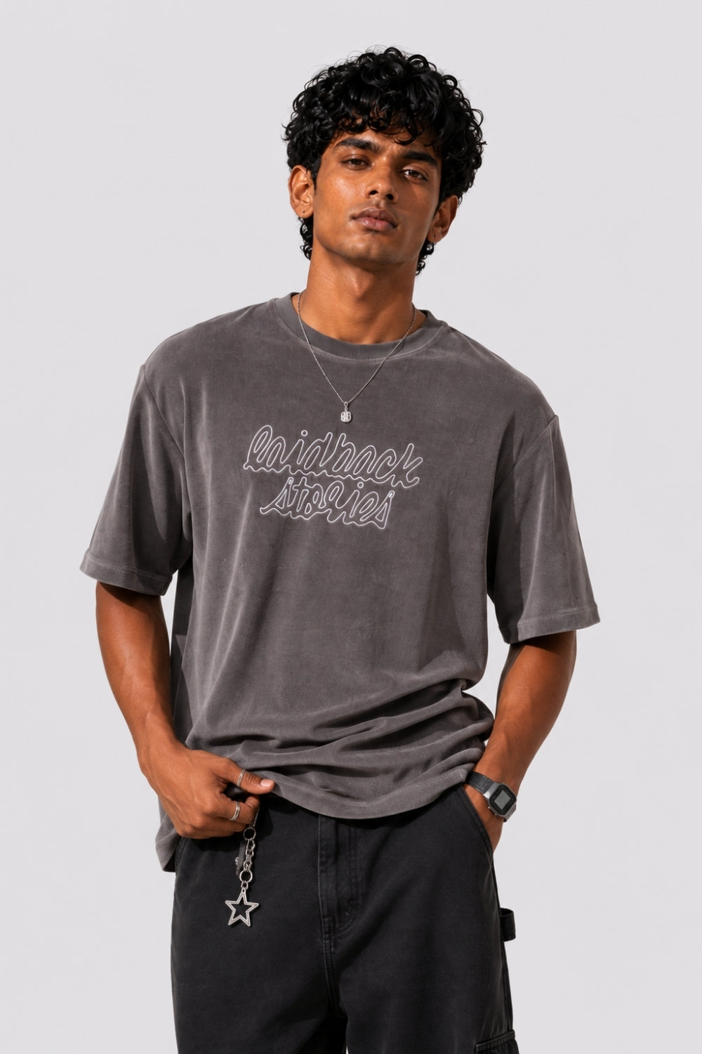 Mens Grey Washed Typographic T-Shirt - Image 1