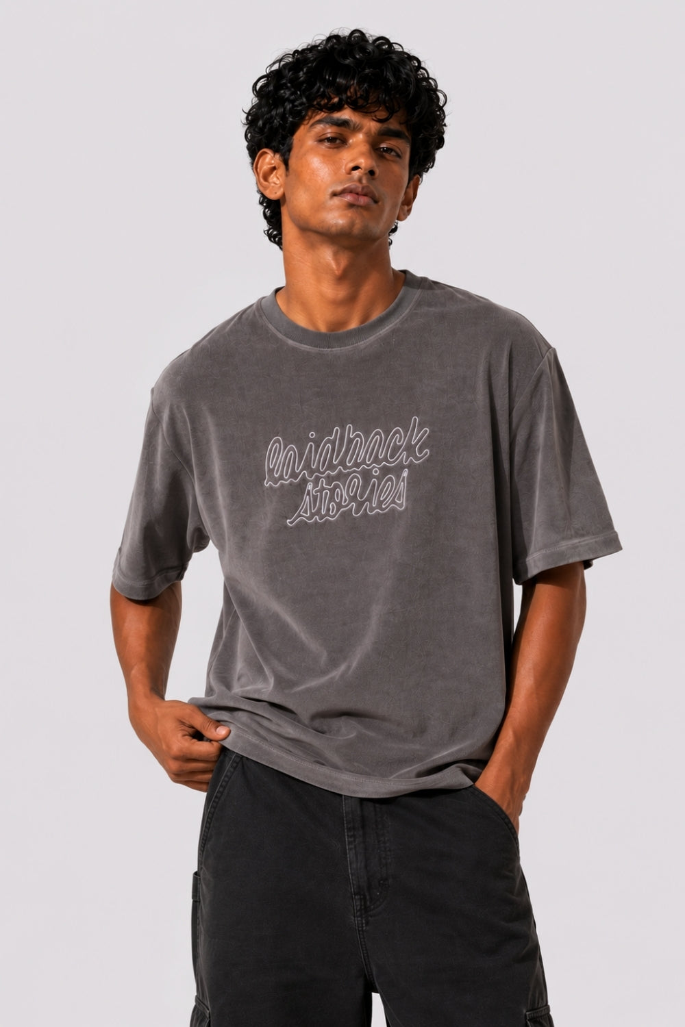 Mens Grey Washed Typographic T-Shirt - Image 2
