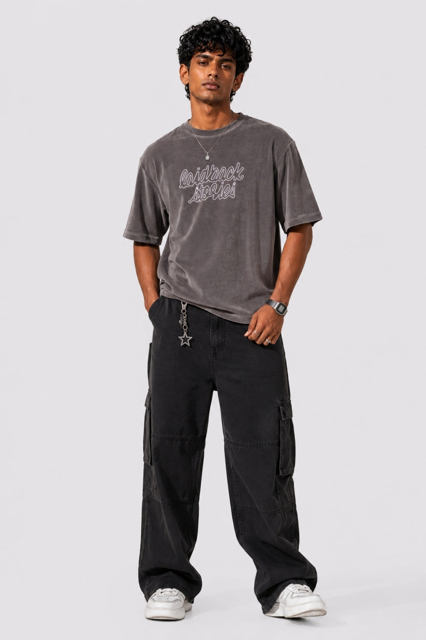 Mens Grey Washed Typographic T-Shirt - Image 6