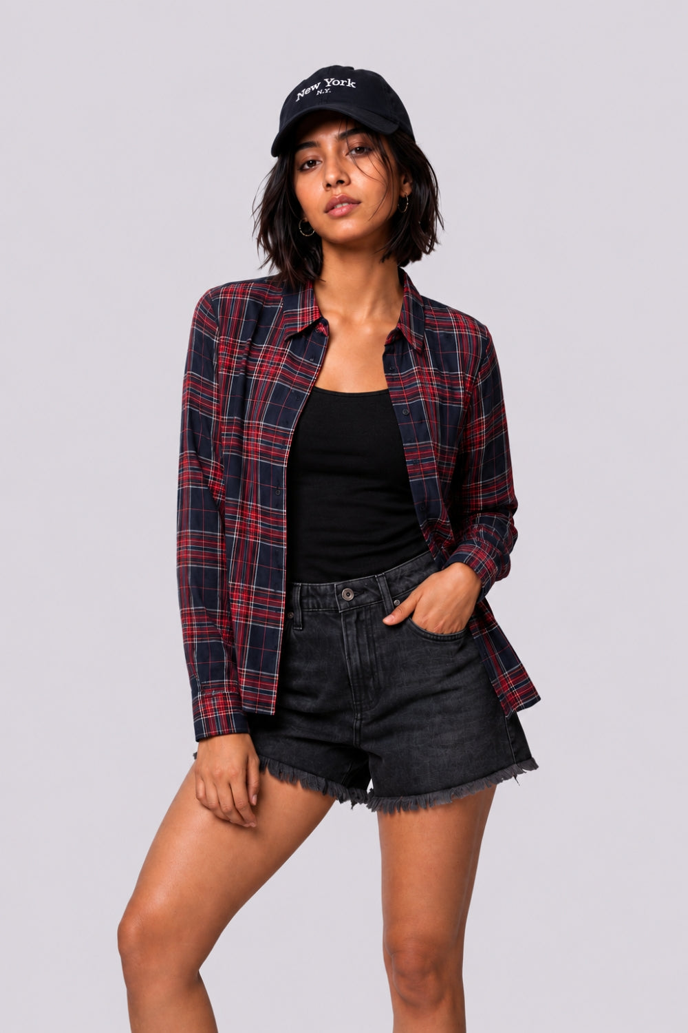 Womens Navy and Red Checked Casual Shirt - Image 1