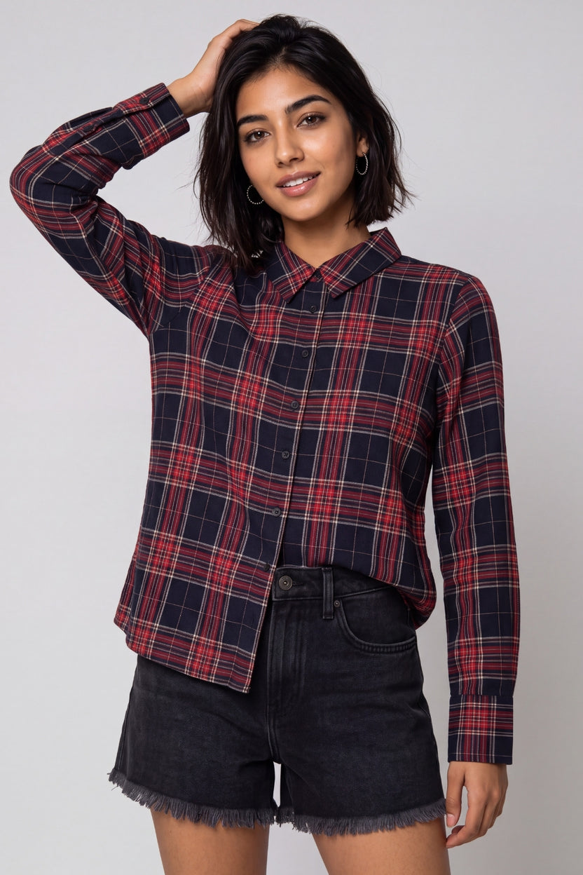 Womens Navy and Red Checked Casual Shirt - Image 2