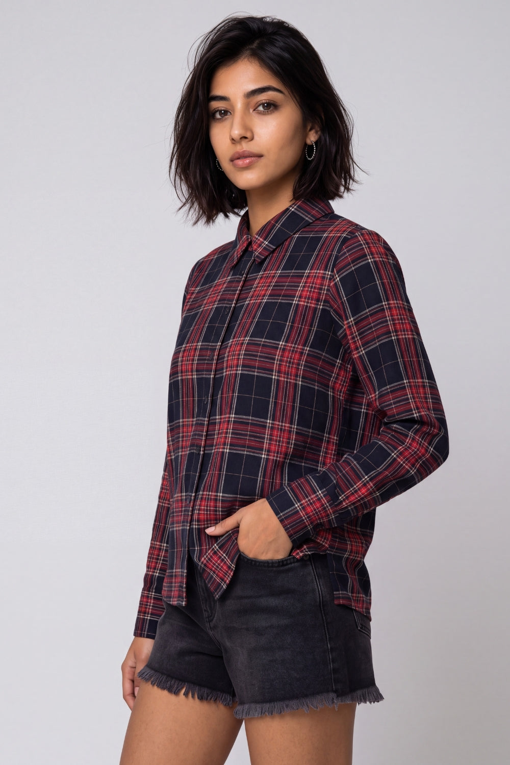 Womens Navy and Red Checked Casual Shirt - Image 4