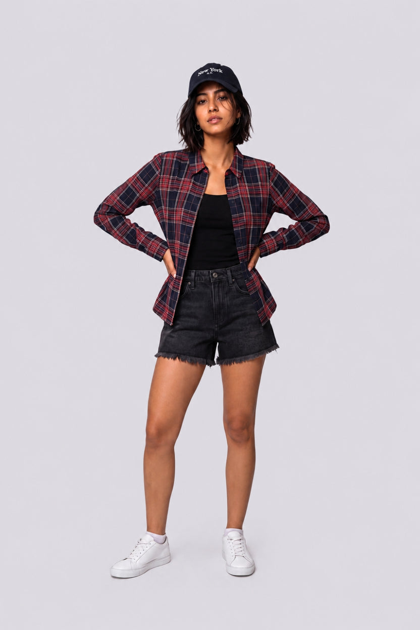 Womens Navy and Red Checked Casual Shirt - Image 6