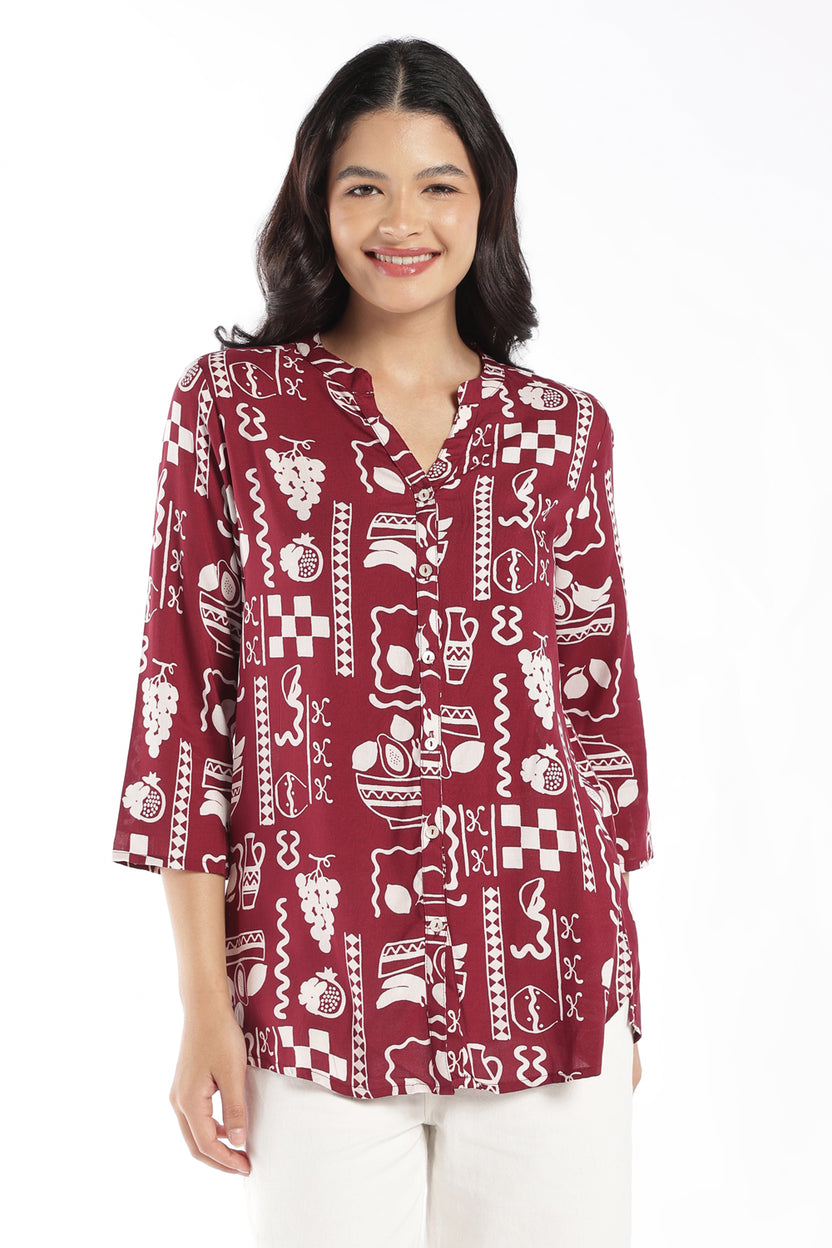 Womens Regular Fit Maroon Cherry Printed Tunic - Image 2