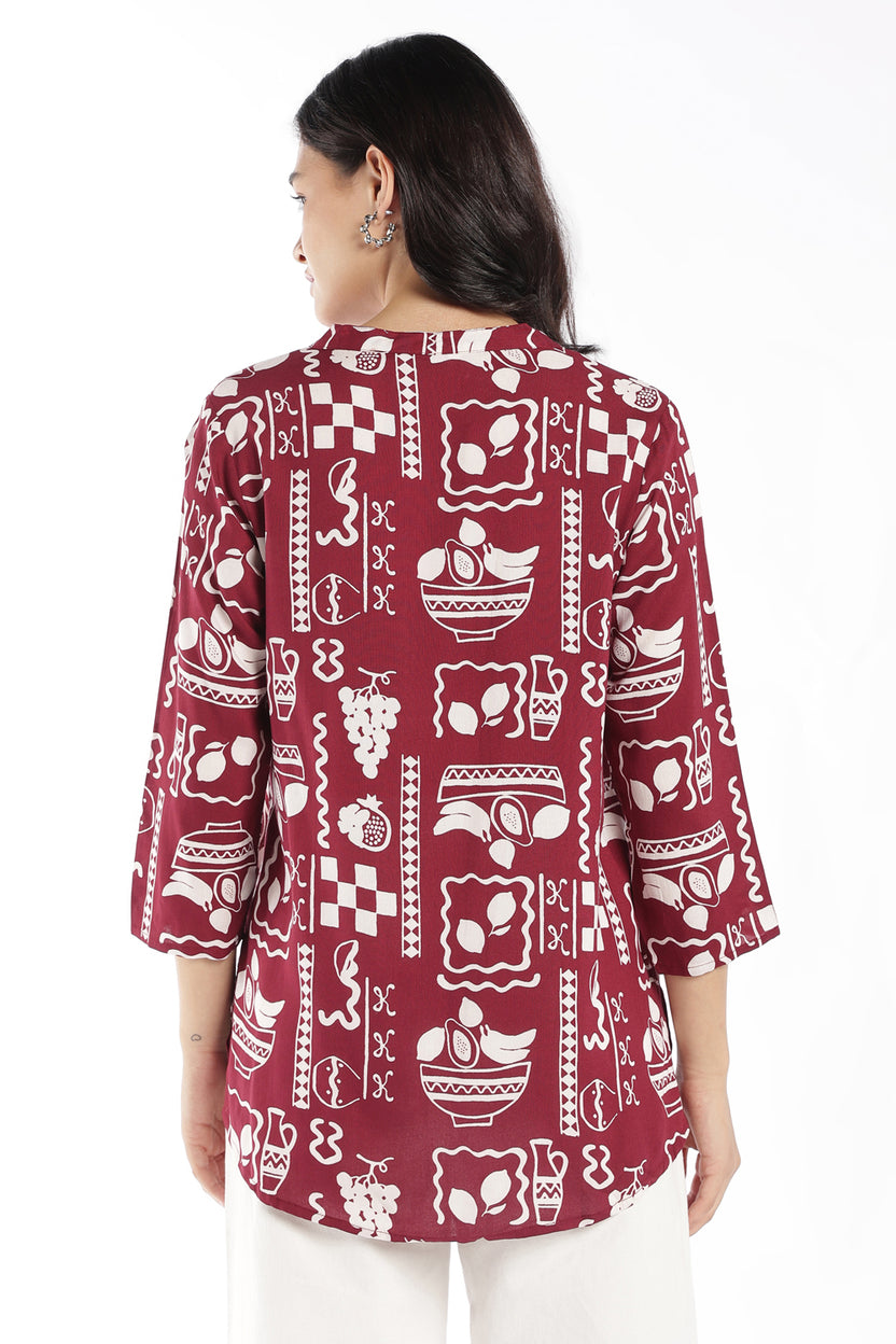 Womens Regular Fit Maroon Cherry Printed Tunic - Image 5