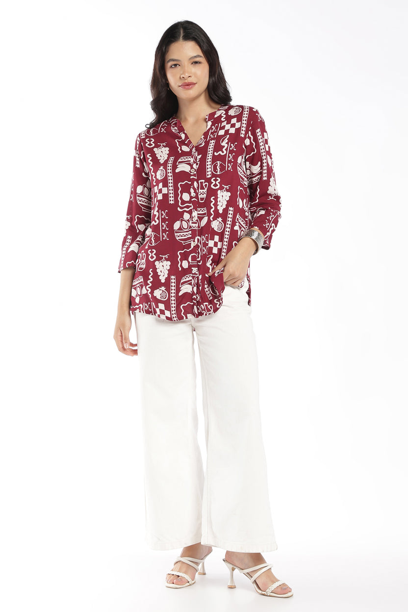 Womens Regular Fit Maroon Cherry Printed Tunic - Image 6