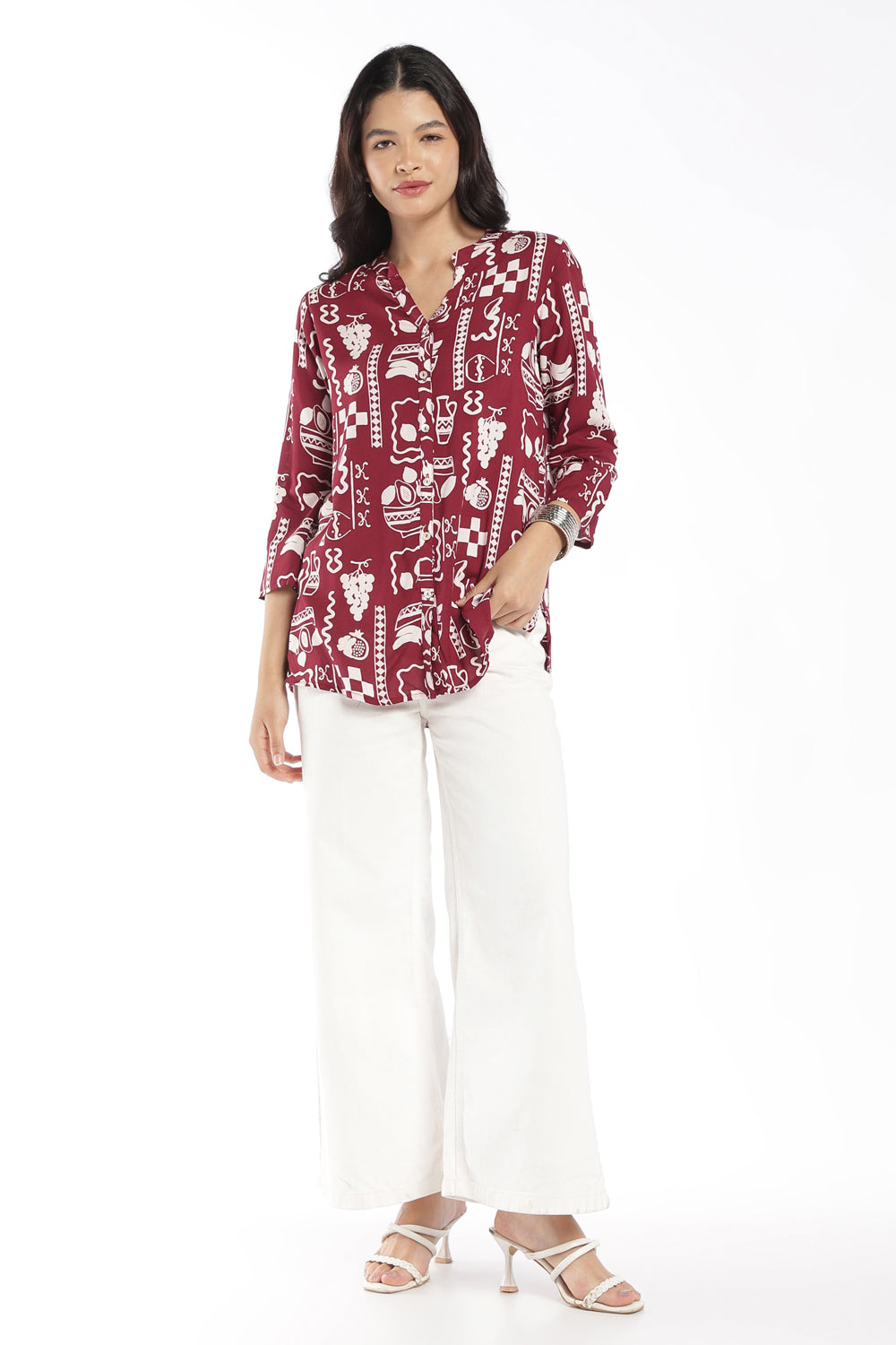 Womens Regular Fit Maroon Cherry Printed Tunic - Image 6