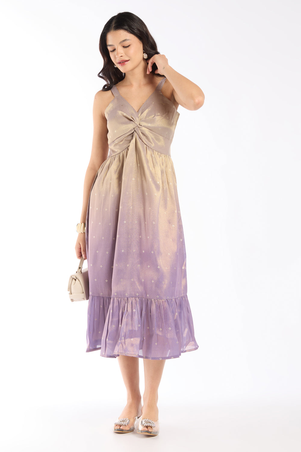 Womens Flared Lilac Ombre Gold Printed Knot Dress - Image 1