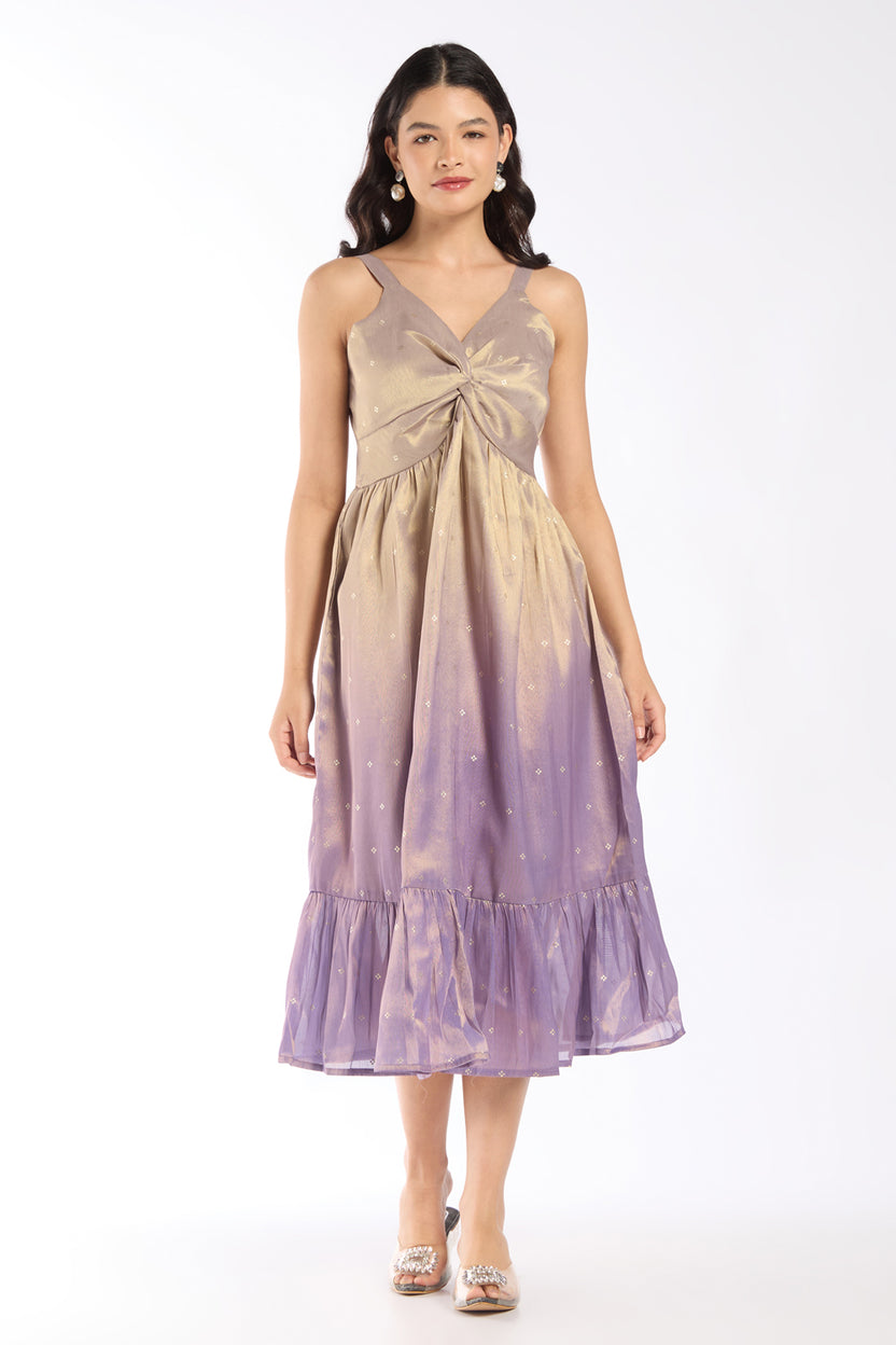 Womens Flared Lilac Ombre Gold Printed Knot Dress - Image 2