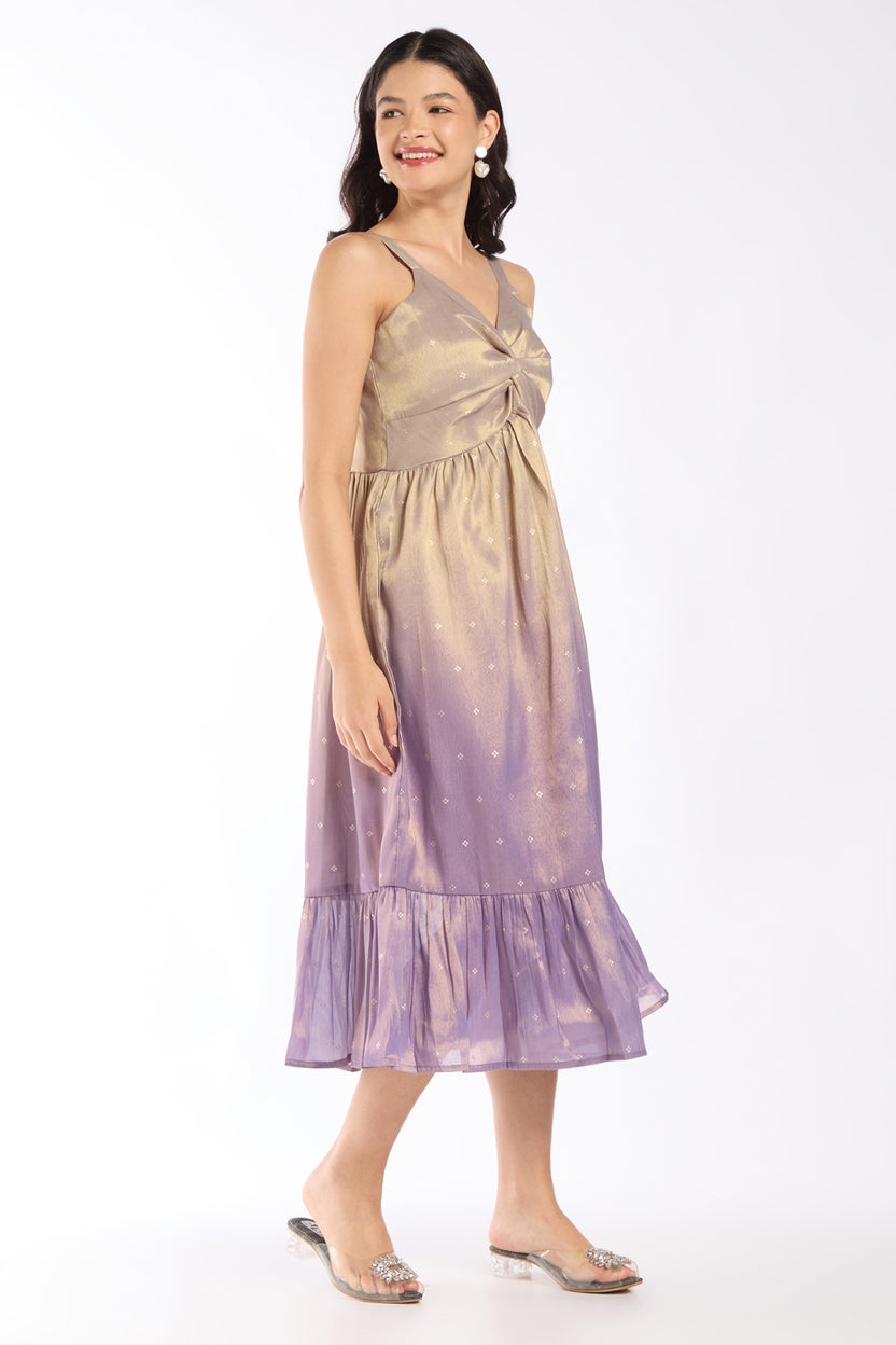 Womens Flared Lilac Ombre Gold Printed Knot Dress - Image 4