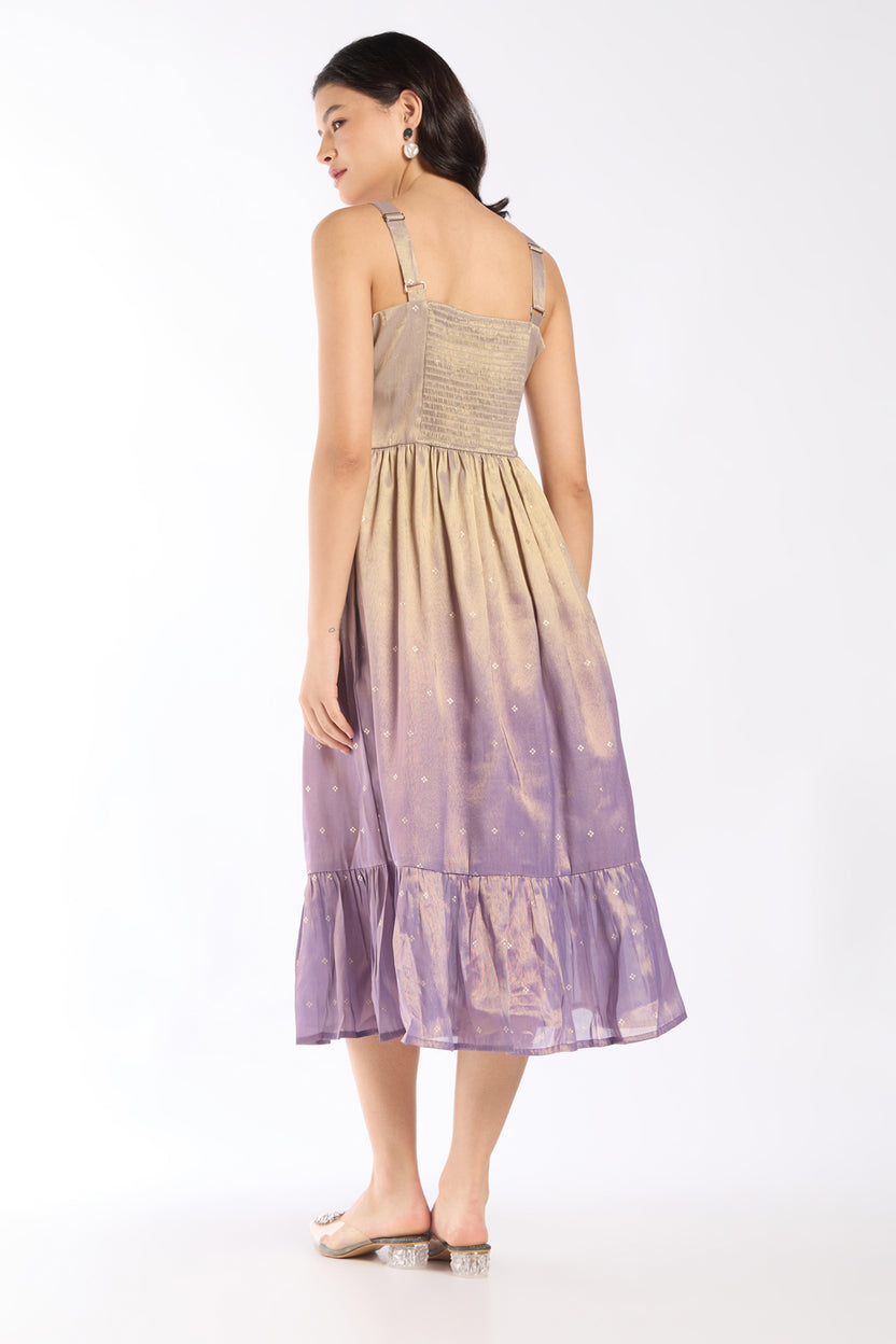Womens Flared Lilac Ombre Gold Printed Knot Dress - Image 5