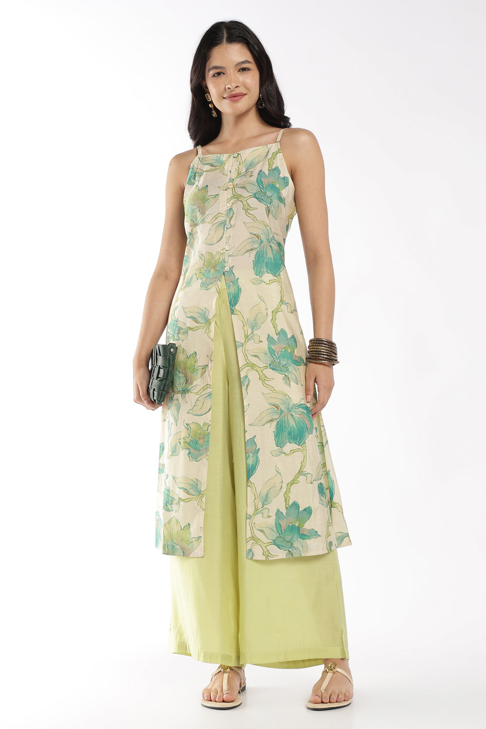 Womens Flared Green Floral Strappy Kurta Palazzo Set - Image 1