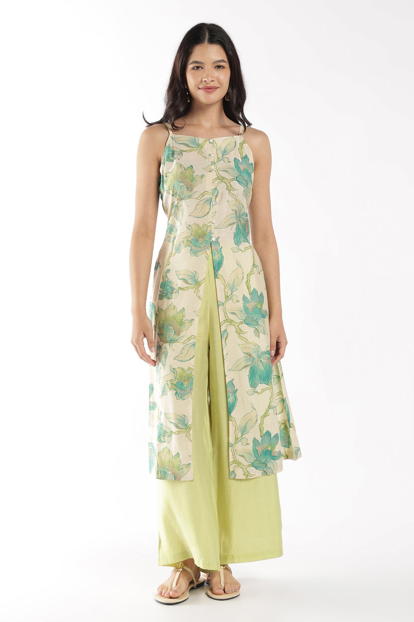 Womens Flared Green Floral Strappy Kurta Palazzo Set - Image 2
