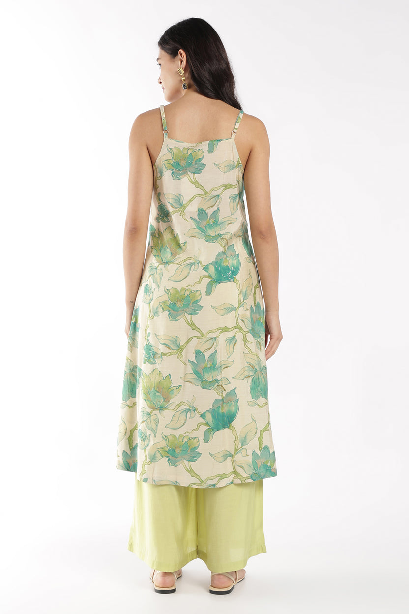 Womens Flared Green Floral Strappy Kurta Palazzo Set - Image 4