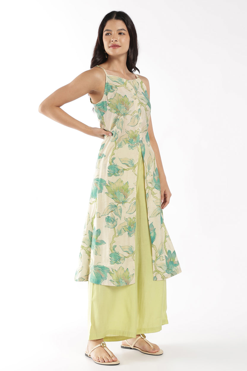 Womens Flared Green Floral Strappy Kurta Palazzo Set - Image 6