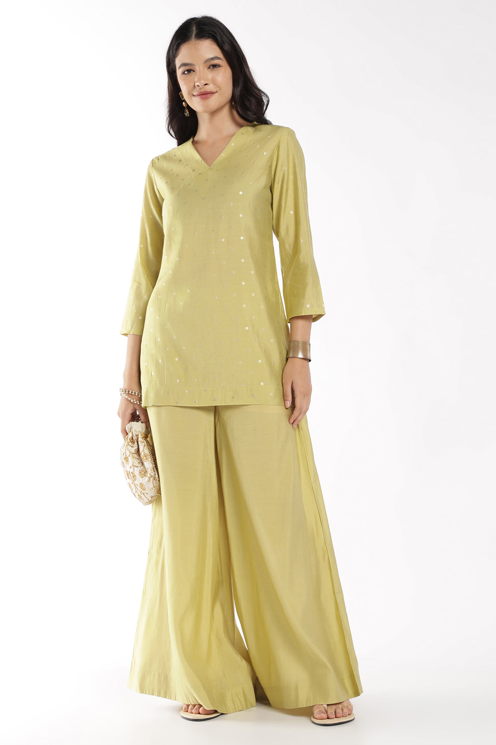Womens Regular Fit Lime Foil Polka Dots Kurta Palazzo Set - Image 1