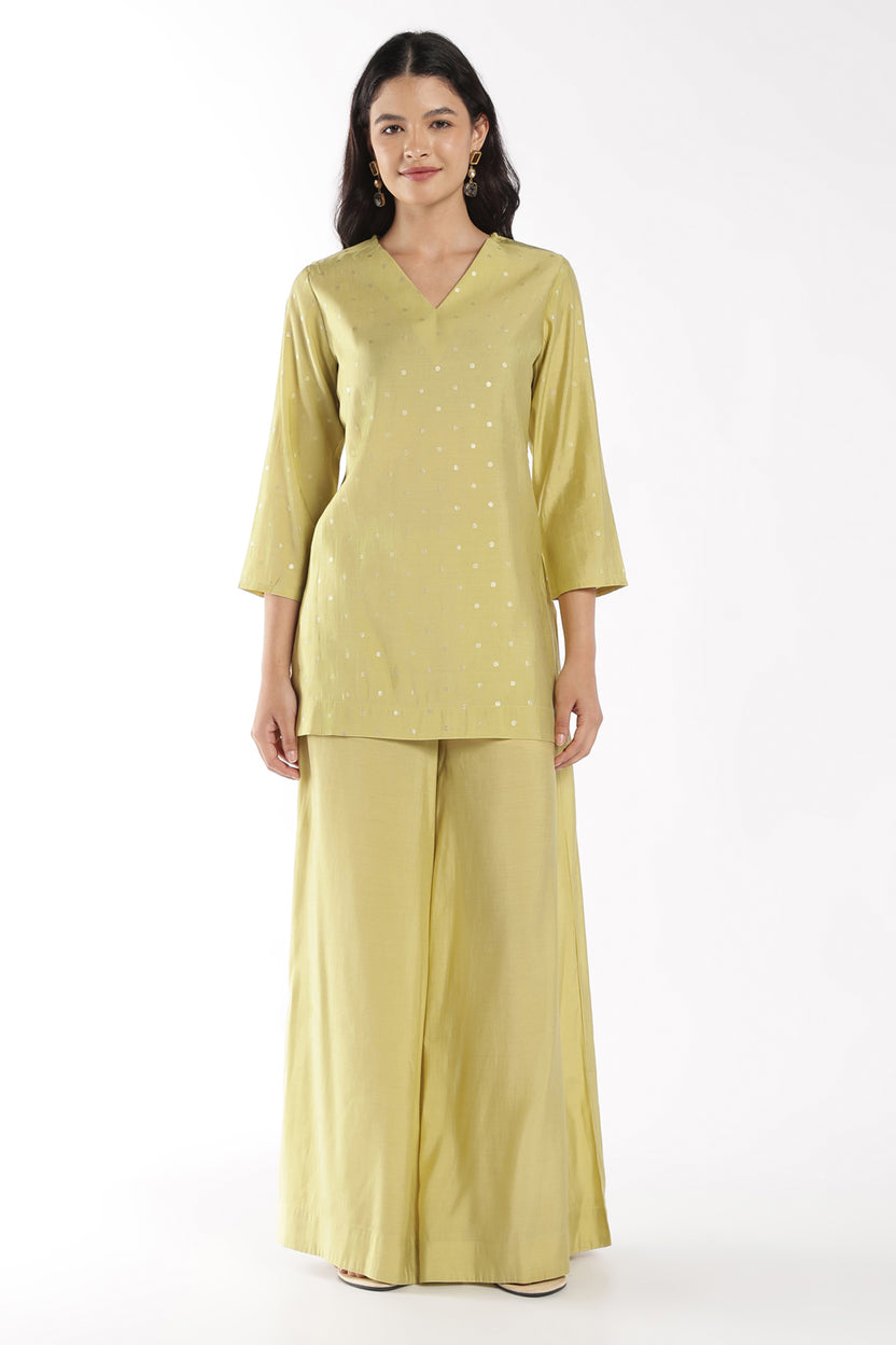 Womens Regular Fit Lime Foil Polka Dots Kurta Palazzo Set - Image 2