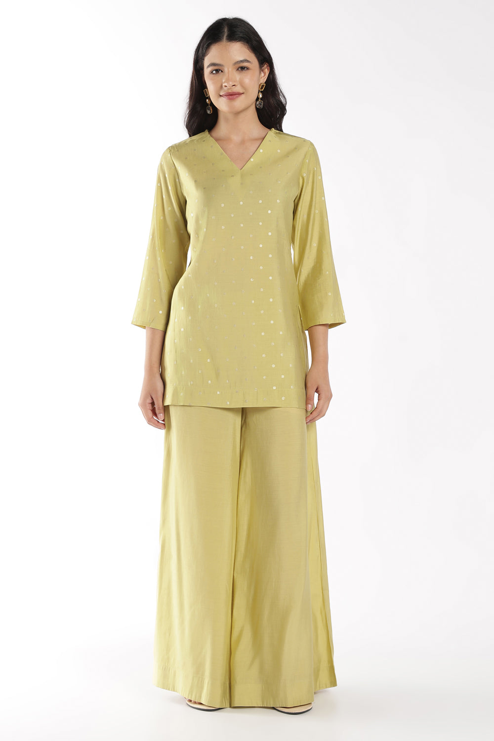 Womens Regular Fit Lime Foil Polka Dots Kurta Palazzo Set - Image 2