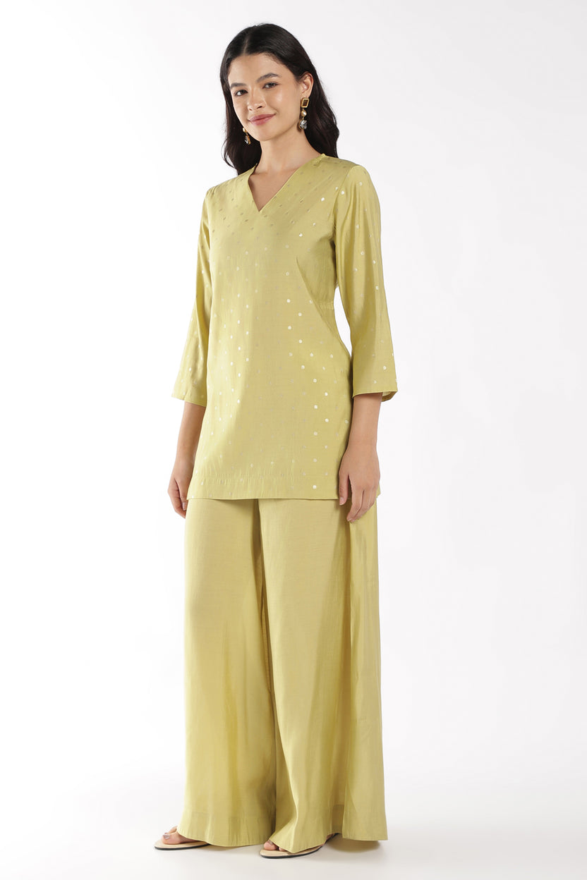 Womens Regular Fit Lime Foil Polka Dots Kurta Palazzo Set - Image 6
