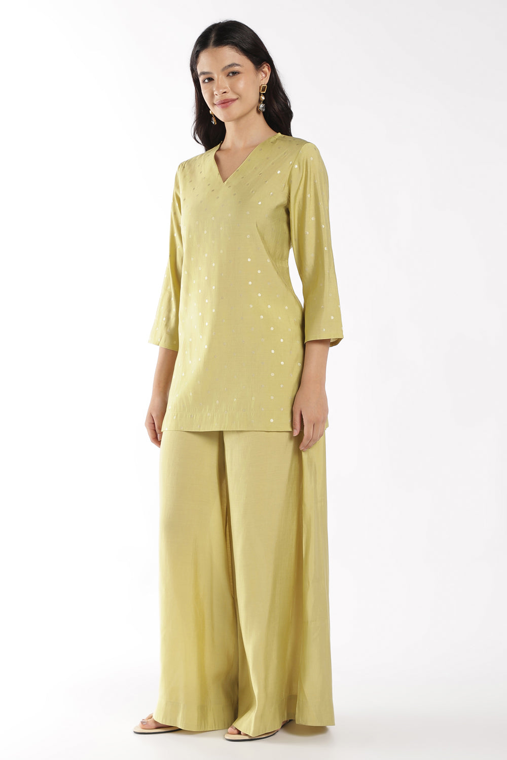 Womens Regular Fit Lime Foil Polka Dots Kurta Palazzo Set - Image 6