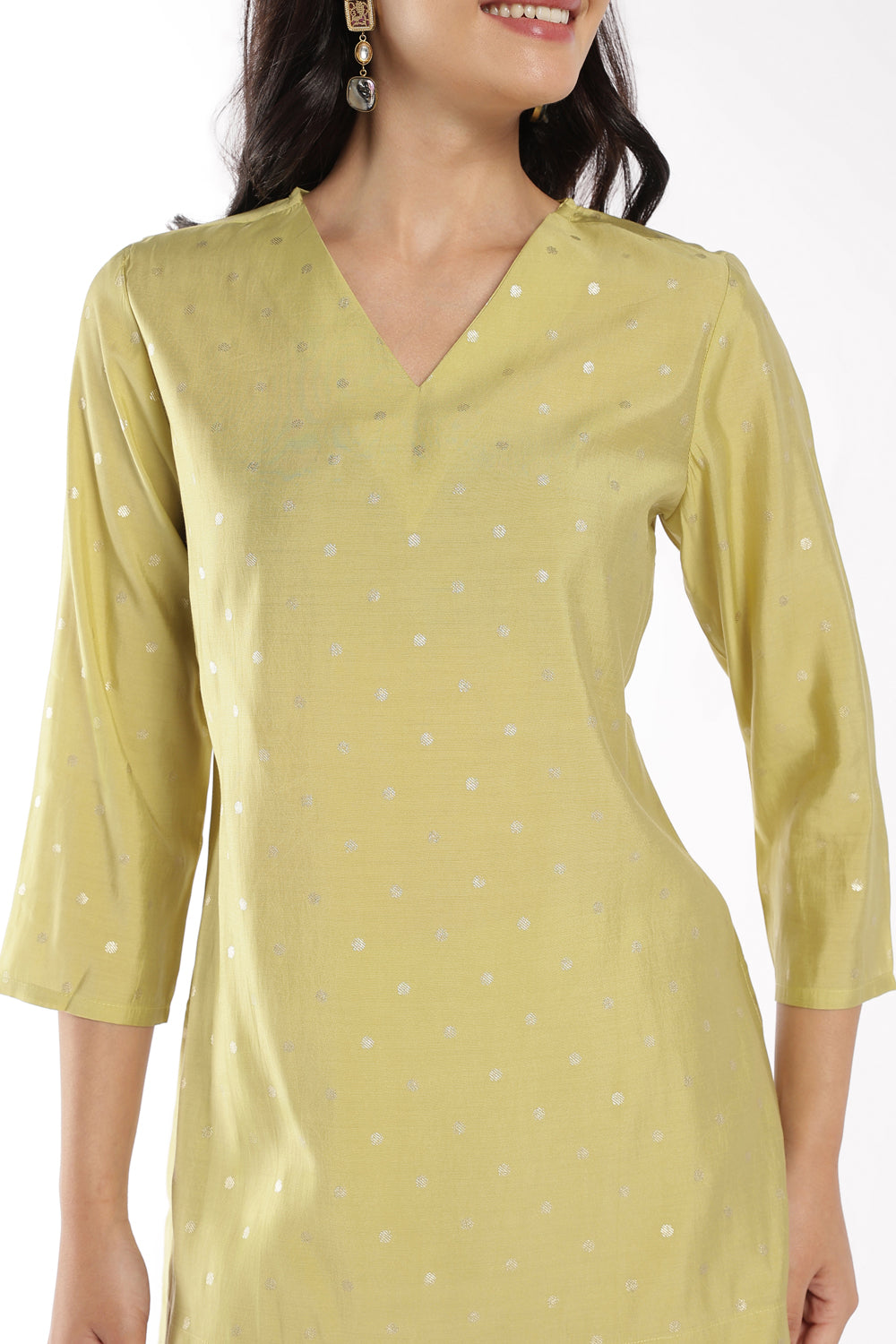 Womens Regular Fit Lime Foil Polka Dots Kurta Palazzo Set - Image 7