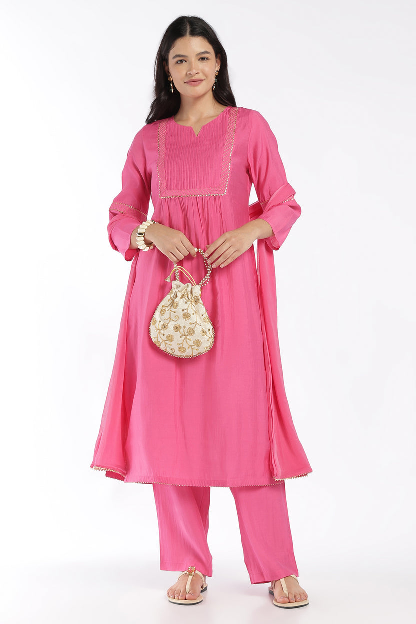 Womens Flared Pink Solid Kurta Pant Set - Image 1