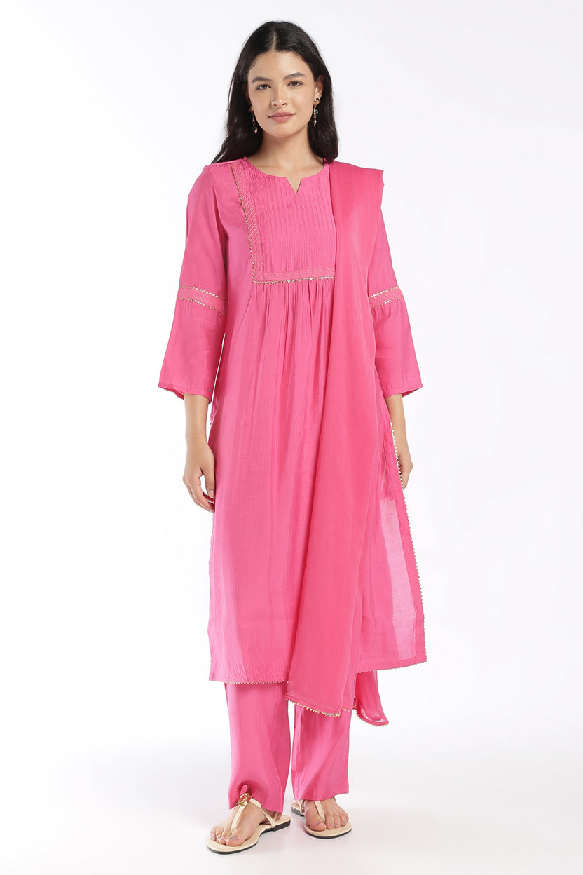 Womens Flared Pink Solid Kurta Pant Set - Image 2
