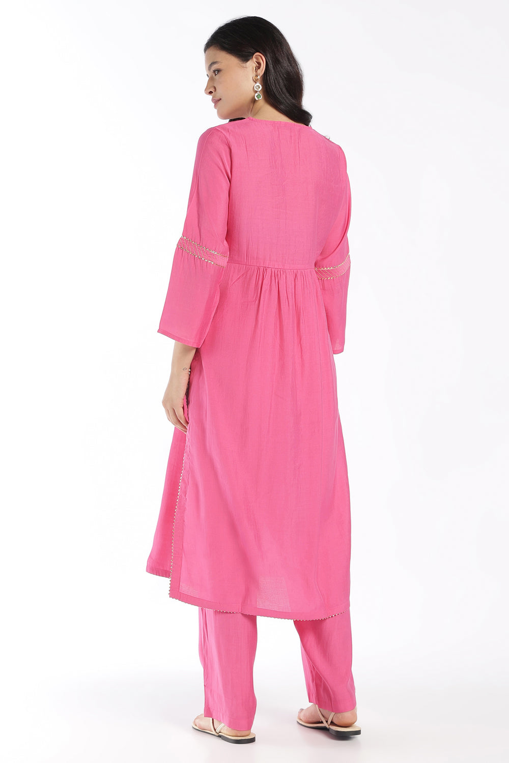 Womens Flared Pink Solid Kurta Pant Set - Image 4