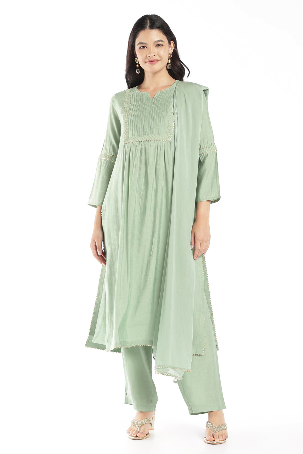 Womens Flared Green Solid Kurta Pant Dupatta Set - Image 1