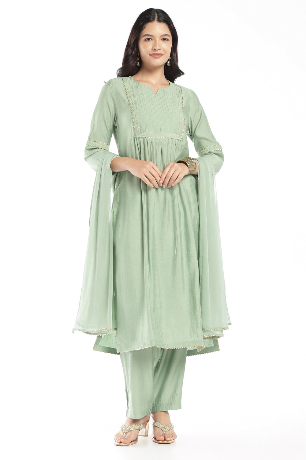 Womens Flared Green Solid Kurta Pant Dupatta Set - Image 6